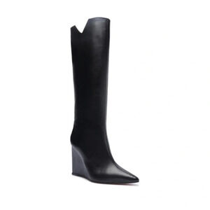 Schutz Asya Up Black Leather Knee-High Wedge Boots V CUT Size 11B
